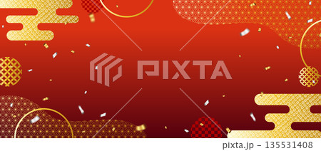 赤と金の和モダン背景・和柄と紙吹雪の豪華なバナー素材 135531408