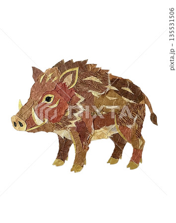 和紙の切り絵風で表現した十二支の猪（亥）のイラスト 白背景 135531506