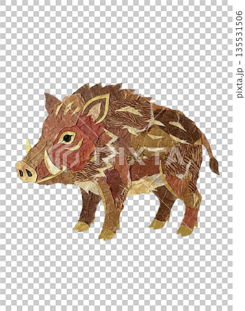 和紙の切り絵風で表現した十二支の猪（亥）のイラスト 白背景 135531506