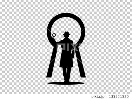 A concept image of investigation, analysis, and mystery with a keyhole and a detective silhouette A concept image of investigation, analysis, and mystery with a keyhole and a detective silhouette 135531529