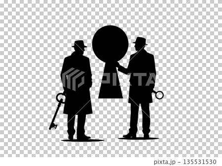 A concept image of investigation, analysis, and mystery with a keyhole and a detective silhouette A concept image of investigation, analysis, and mystery with a keyhole and a detective silhouette 135531530