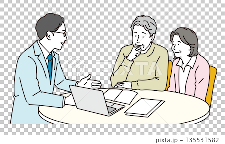 Illustration material of a senior couple and a male representative having face-to-face consultation Illustration material of a senior couple and a male representative having face-to-face consultation 135531582