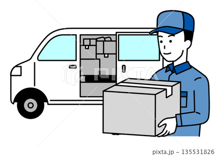 白い軽バンで荷物を届ける配達員の男性 白い軽バンで荷物を届ける配達員の男性 135531826