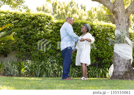 Senior couple dancing joyfully together in sunny garden, enjoying outdoor moment Senior couple dancing joyfully together in sunny garden, enjoying outdoor moment 135533061