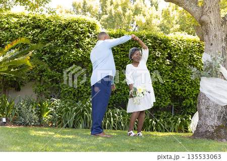 Senior couple dancing joyfully in garden, enjoying sunny day together Senior couple dancing joyfully in garden, enjoying sunny day together 135533063