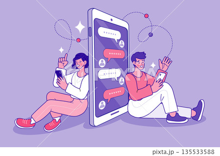 Young Couple Messaging and Connecting via Giant Smartphone App Young Couple Messaging and Connecting via Giant Smartphone App 135533588