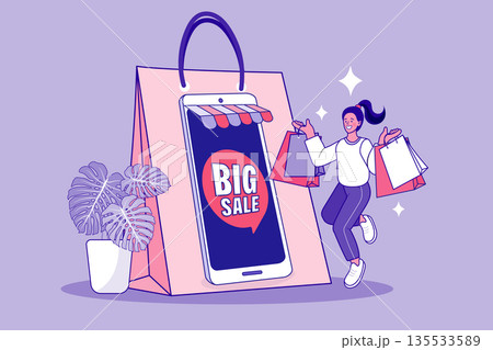 Happy Woman Shopping Online with Mobile Storefront and Big Sale Promotion 135533589