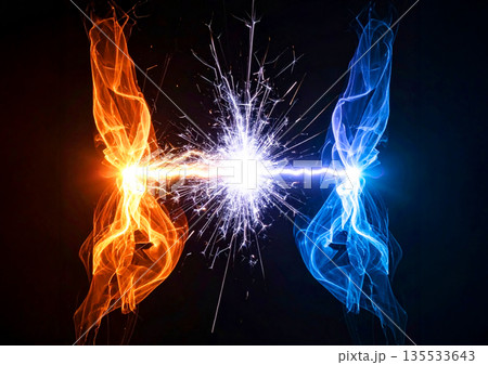 カラフルな稲妻が縦に走るエネルギー放電の抽象背景 135533643