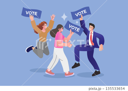 Group of happy diverse people jumping holding vote flyers. Election day campaign, political democracy, and citizen voting rights concept. Group of happy diverse people jumping holding vote flyers. Election day campaign, political democracy, and citizen voting rights concept. 135533654