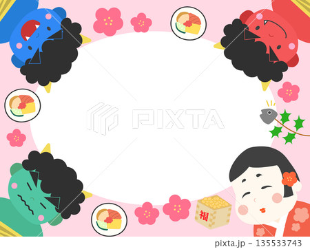 節分素材　鬼・お多福・節分素材　フレーム背景素材　ピンク 135533743