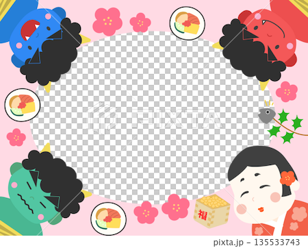 節分素材　鬼・お多福・節分素材　フレーム背景素材　ピンク 135533743