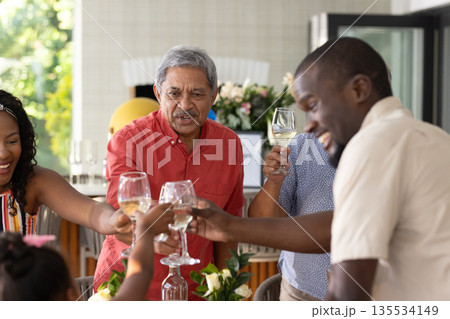 Family celebrating together, clinking glasses and sharing joyful moments at home 135534149