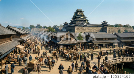 豊臣大阪城の麓で賑わう市場と安土桃山時代の庶民の日常 135534163