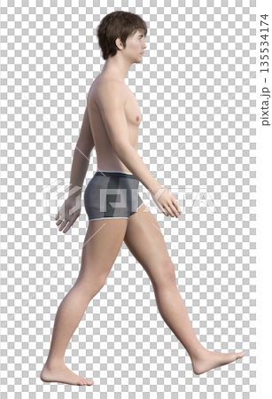 一個穿著內褲的男人揮著手，快步走著，全身側向的3D插圖。 135534174
