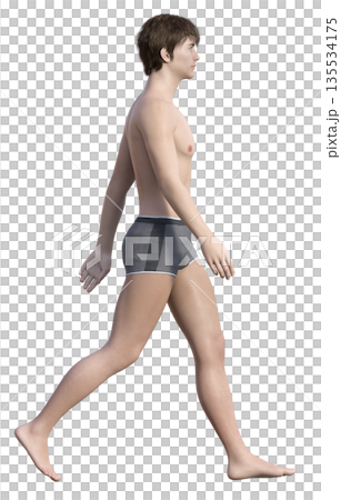 3D illustration of a man in underwear walking briskly with correct posture, full body sideways 135534175