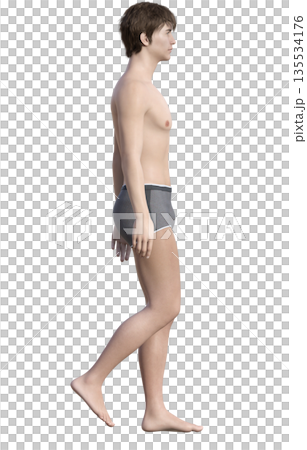 身穿內褲的男子以正確姿勢站立的3D插圖,全身側身像 身穿內褲的男子以正確姿勢站立的3D插圖,全身側身像 135534176