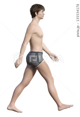 下着姿の男性が両手を振って歩くポーズの3Dイラスト 全身横向き 135534178