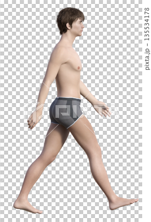 一個穿著內褲的男人側身行走,雙手揮舞,3D 插圖。 一個穿著內褲的男人側身行走,雙手揮舞,3D 插圖。 135534178
