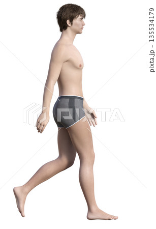 下着姿の男性が正しい姿勢で歩き始めるポーズの3Dイラスト 全身横向き 135534179