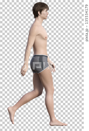 下着姿の男性が正しい姿勢で歩き始めるポーズの3Dイラスト 全身横向き 135534179