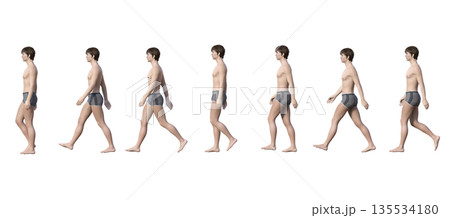 トランクス 下着姿の男性が歩いているコマ送りの3Dイラスト 全身横向き トランクス 下着姿の男性が歩いているコマ送りの3Dイラスト 全身横向き 135534180