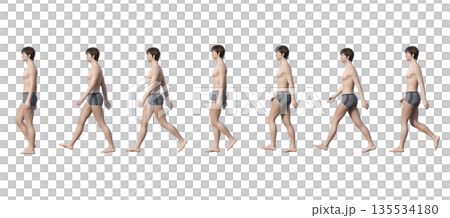 トランクス 下着姿の男性が歩いているコマ送りの3Dイラスト 全身横向き トランクス 下着姿の男性が歩いているコマ送りの3Dイラスト 全身横向き 135534180