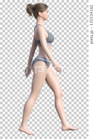 一位身著內衣、姿態端正行走的女性的3D插圖,全身側視圖 一位身著內衣、姿態端正行走的女性的3D插圖,全身側視圖 135534182
