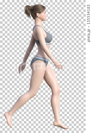 一位身著內衣的女性快速行走的3D插圖，全身側向。 135534183