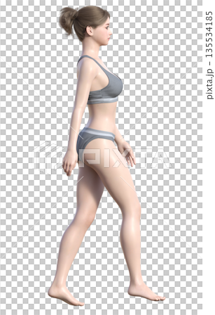 一位身著內衣的女性開始行走的3D插圖,全身側向。 一位身著內衣的女性開始行走的3D插圖,全身側向。 135534185