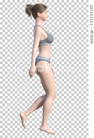 身著內衣的女性行走的3D插圖，全身側身像 135534187
