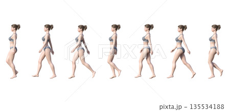 下着姿の女性が歩いているコマ送りの3Dイラストセット 全身横向き 135534188