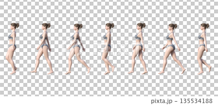 一組3D插圖,描繪了一位身穿內衣的女性行走,全身側身像。 一組3D插圖,描繪了一位身穿內衣的女性行走,全身側身像。 135534188