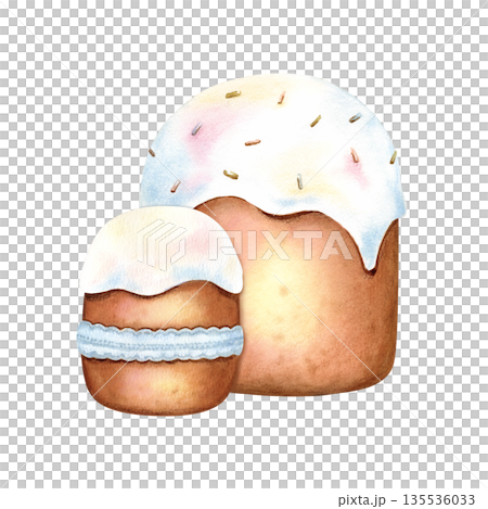 Traditional Easter baking with white glaze, sprinkles, decorated with lace ribbon. Symbol of bright holiday cake kulich with fondant. Watercolor hand drawn isolated illustration for spring design Traditional Easter baking with white glaze, sprinkles, decorated with lace ribbon. Symbol of bright holiday cake kulich with fondant. Watercolor hand drawn isolated illustration for spring design 135536033
