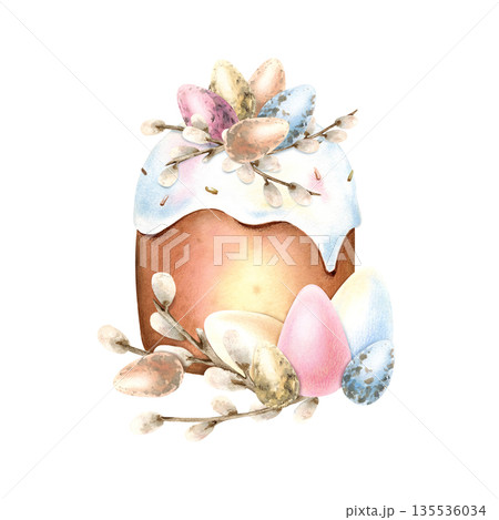 Watercolor Easter tradition cake, colorful small and large eggs, fluffy willow buds. Quail eggs on top of kulich icing. Symbol of religion spring renewal. Delicate hand drawn isolated Illustration 135536034
