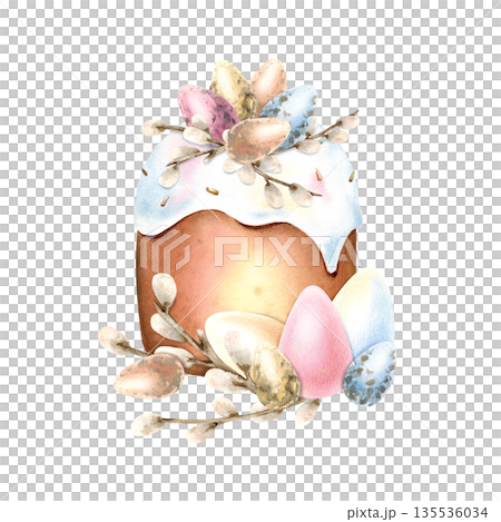 Watercolor Easter tradition cake, colorful small and large eggs, fluffy willow buds. Quail eggs on top of kulich icing. Symbol of religion spring renewal. Delicate hand drawn isolated Illustration 135536034