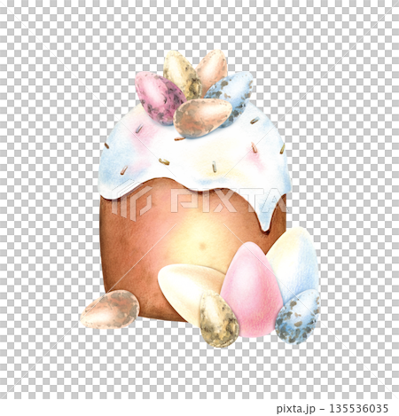 Watercolor Easter tradition cake, small and large eggs. Quail eggs on top of kulich icing in pastel colors. Symbol of religion spring celebration, Renewal. Delicate hand drawn isolated Illustration 135536035