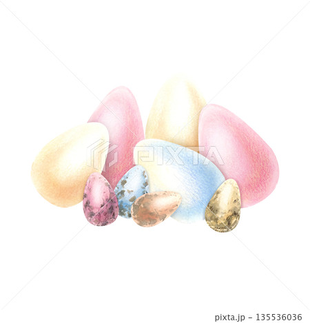 Watercolor composition Easter eggs in pastel colors. Painted chicken and quail eggs. Traditional religious holiday symbol. Colorful eggs isolated hand drawn illustration for spring celebration 135536036