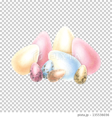 Watercolor composition Easter eggs in pastel colors. Painted chicken and quail eggs. Traditional religious holiday symbol. Colorful eggs isolated hand drawn illustration for spring celebration Watercolor composition Easter eggs in pastel colors. Painted chicken and quail eggs. Traditional religious holiday symbol. Colorful eggs isolated hand drawn illustration for spring celebration 135536036