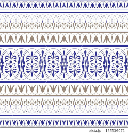 Seamless pattern with ethnic ornaments. Rich horizontal border repeat featuring multiple alternating bands of blue scrolling arabesques and taupe elongated tulip leaf motifs. Classic ceramic tile look Seamless pattern with ethnic ornaments. Rich horizontal border repeat featuring multiple alternating bands of blue scrolling arabesques and taupe elongated tulip leaf motifs. Classic ceramic tile look 135536071
