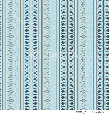 Seamless background pattern with tribal motif. Vertical stripe pattern on light blue. Delicate gold scrollwork and dark grey stylized tulip anthemion borders, separated by vertical bands. Tile, textil Seamless background pattern with tribal motif. Vertical stripe pattern on light blue. Delicate gold scrollwork and dark grey stylized tulip anthemion borders, separated by vertical bands. Tile, textil 135536072