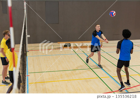 Diverse male players leaping at net and receiving flying volleyball on gymnasium court, copy space Diverse male players leaping at net and receiving flying volleyball on gymnasium court, copy space 135536218