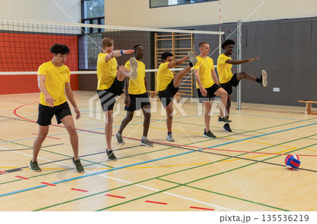 Diverse male volleyball partners performing high leg kicks at gym with volleyball net and ball Diverse male volleyball partners performing high leg kicks at gym with volleyball net and ball 135536219