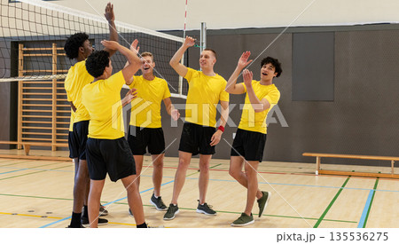 Diverse male teammates giving high-fives at volleyball net on gym court with wall bars Diverse male teammates giving high-fives at volleyball net on gym court with wall bars 135536275