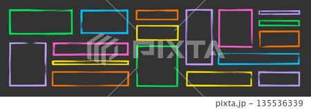 Rectangle photo frame with color brush strokes and rough edges. Color photo rectangle, box border. Hand drawn brush stroke texture stamp shape set with rough edge effect. Vector 135536339