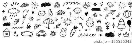 Kid icon line cute element set. Kid icon sketch with line outline and hand drawn art on paper cloud, flower, house background. Childish children cartoon play rainbow, heart, sun. Vector 135536342