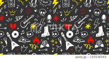 Rock music seamless pattern with guitar, skull, punk symbols. Hand drawn doodle grunge stickers featuring stars, roses and lightning bolts for rock music festival background. Vector Rock music seamless pattern with guitar, skull, punk symbols. Hand drawn doodle grunge stickers featuring stars, roses and lightning bolts for rock music festival background. Vector 135536343