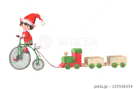 A watercolor illustration of a cheerful Christmas elf on a bicycle and a toy train A watercolor illustration of a cheerful Christmas elf on a bicycle and a toy train 135536354