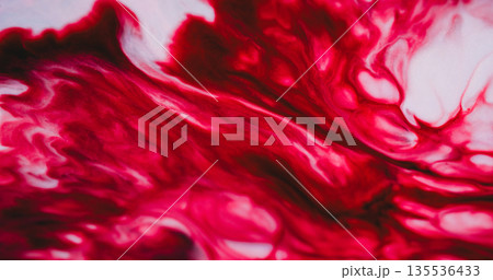 Dye stream blur. Acrylic spill. Red vivid paint mixing color liquid. Art pigment drop splash leak on white abstract swirl background. Dye stream blur. Acrylic spill. Red vivid paint mixing color liquid. Art pigment drop splash leak on white abstract swirl background. 135536433