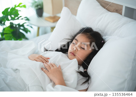 Peaceful Sleep of Young Girl with Braided Hair in Cozy Bedroom Surrounded by Soft Pillows and Bright Natural Light Filtering Through Window 135536464