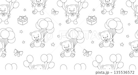 Seamless pattern with cute teddy bear with balloons, hand drawn childish illustrations isolated on white background 135536572